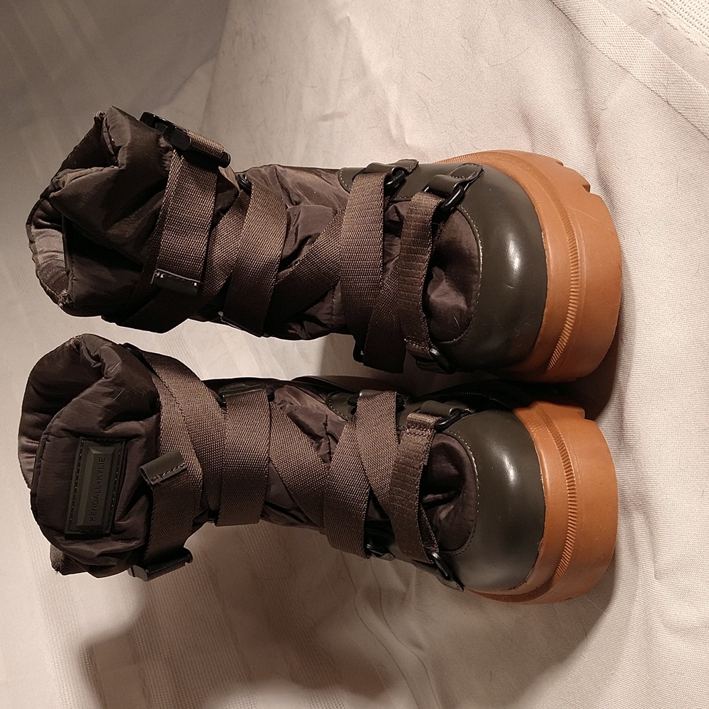 Never worn, new Kendall & Kylie green satiny lug sole ankle combat boots, size 9